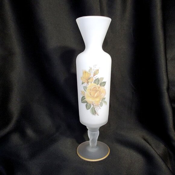 Vintage Norleans Frosted Glass Vase Yellow Rose Design & Twisted Stem Italy - Picture 4 of 8